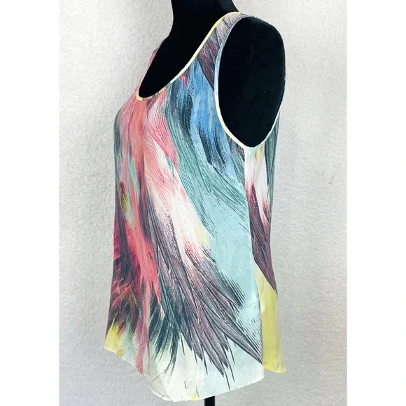 WAREHOUSE • Silk Colorful Abstract Feather Print Tank Top, 6 - Picture 7 of 11
